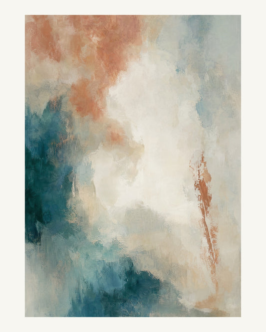 Abstrakt måleriskt motiv i vit, pappersvitt, petroleum, bränd terrakotta. Mjuka färgfält löser upp sig kring ett ljust mellanrum, med diskreta skrapningar som ger ytan liv. 40 × 50 cm.