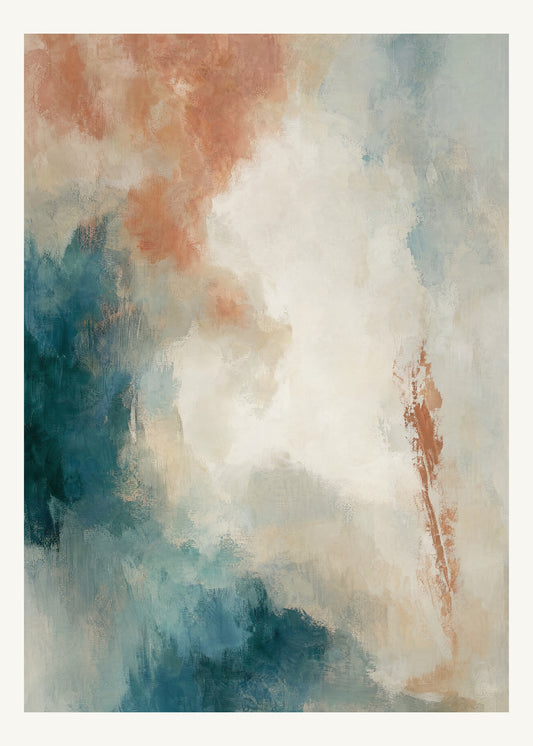 Abstrakt måleriskt motiv i vit, pappersvitt, petroleum, bränd terrakotta. Mjuka färgfält löser upp sig kring ett ljust mellanrum, med diskreta skrapningar som ger ytan liv. 50 × 70 cm.