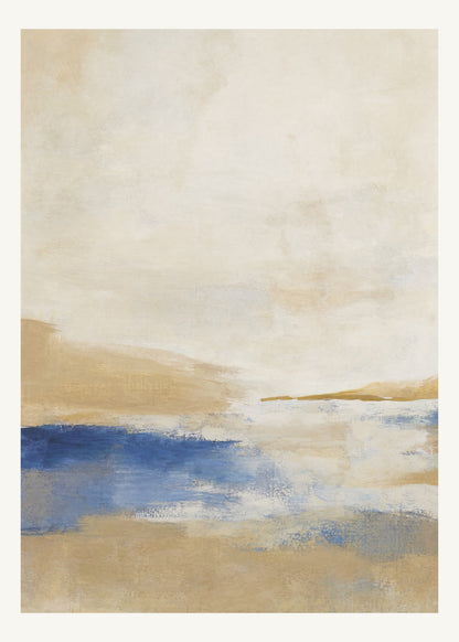 Abstrakt måleriskt motiv i ekmönstrad, kalkvitt, ultramarin, dämpad ockra. Breda, ojämna färglager möts kring en avbruten horisont och lämnar gott om ljus luft. 50 × 70 cm.