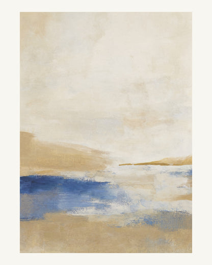 Abstrakt måleriskt motiv i ekmönstrad, kalkvitt, ultramarin, dämpad ockra. Breda, ojämna färglager möts kring en avbruten horisont och lämnar gott om ljus luft. 40 × 50 cm.