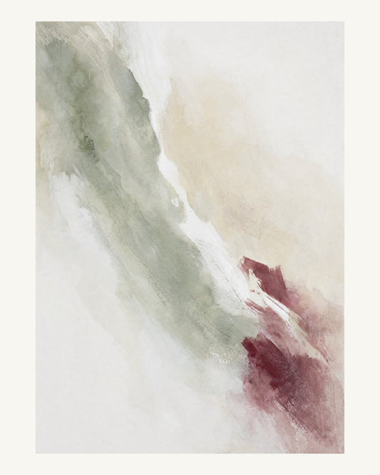 Abstrakt måleriskt motiv i högglans vit, varm krita, vinrött, dämpad salvia. Tunna färgslöjor glider diagonalt över ljusa partier, med ett tätare färgavtryck som motvikt. 40 × 50 cm.