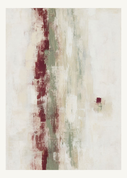 Abstrakt måleriskt motiv i högglans vit, varm krita, vinrött, dämpad salvia. Ett brutet lodrätt färgstråk möter tunna utsuddade slöjor och en liten förskjuten accent. 50 × 70 cm.