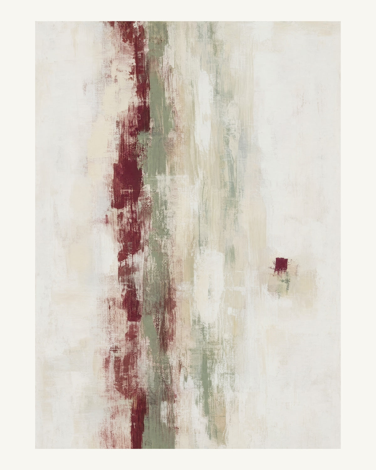 Abstrakt måleriskt motiv i högglans vit, varm krita, vinrött, dämpad salvia. Ett brutet lodrätt färgstråk möter tunna utsuddade slöjor och en liten förskjuten accent. 40 × 50 cm.