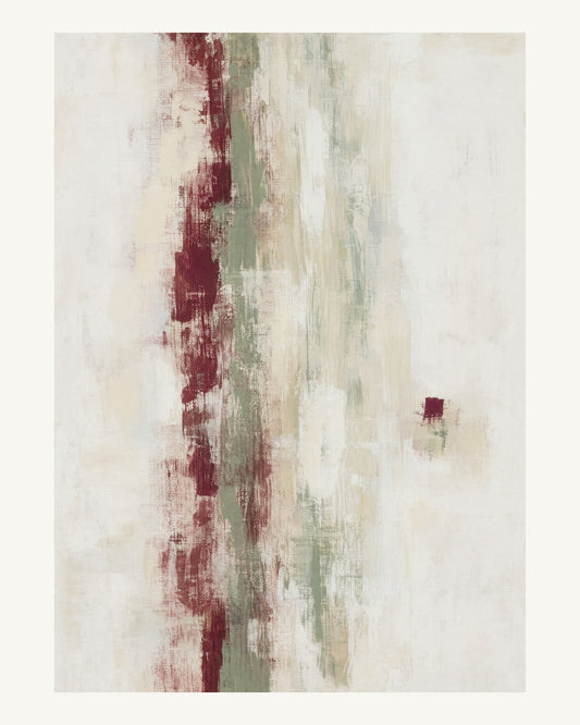 Abstrakt måleriskt motiv i högglans vit, varm krita, vinrött, dämpad salvia. Ett brutet lodrätt färgstråk möter tunna utsuddade slöjor och en liten förskjuten accent. 40 × 50 cm.
