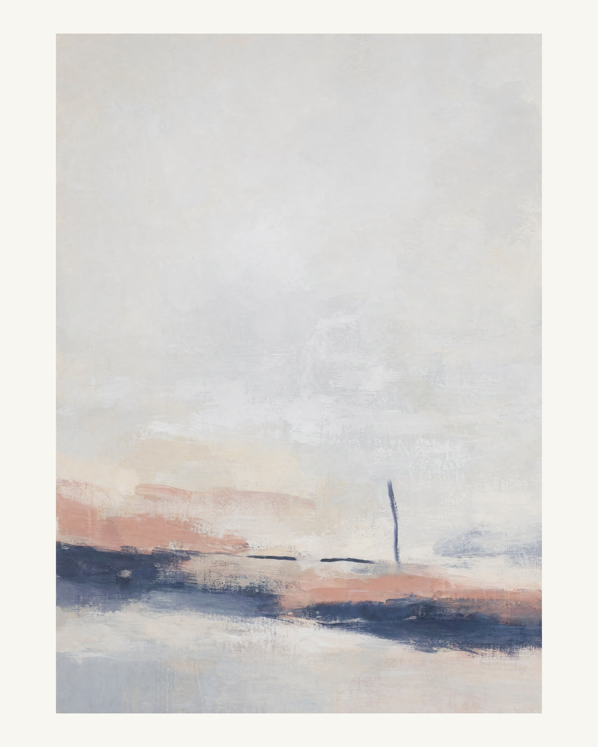 Abstrakt måleriskt motiv i matt vit, benvitt, djup indigo, lerrosa. Breda, ojämna färglager möts kring en avbruten horisont och lämnar gott om ljus luft. 40 × 50 cm.
