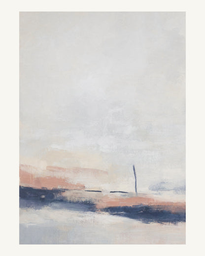 Abstrakt måleriskt motiv i matt vit, benvitt, djup indigo, lerrosa. Breda, ojämna färglager möts kring en avbruten horisont och lämnar gott om ljus luft. 40 × 50 cm.