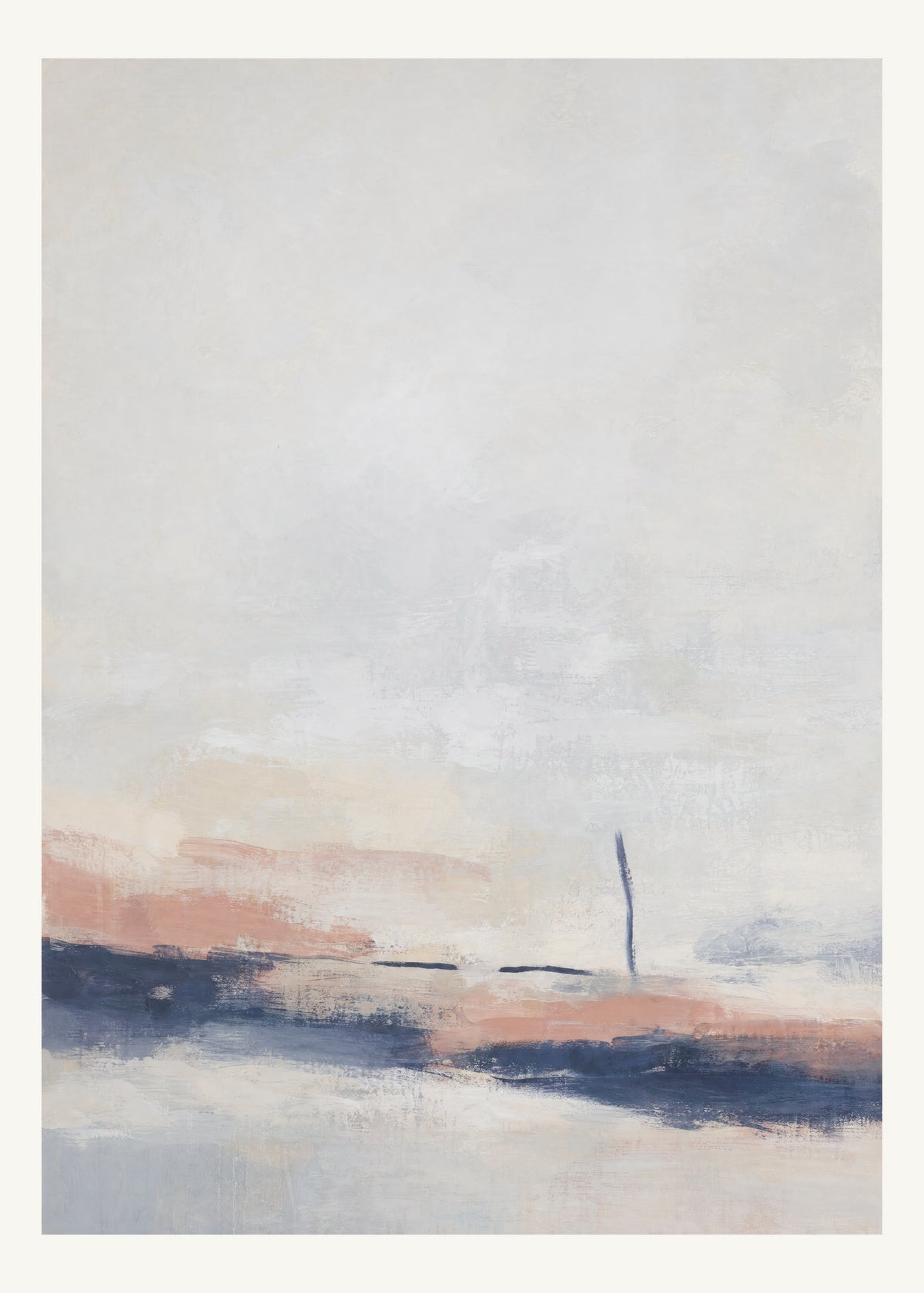 Abstrakt måleriskt motiv i matt vit, benvitt, djup indigo, lerrosa. Breda, ojämna färglager möts kring en avbruten horisont och lämnar gott om ljus luft. 50 × 70 cm.
