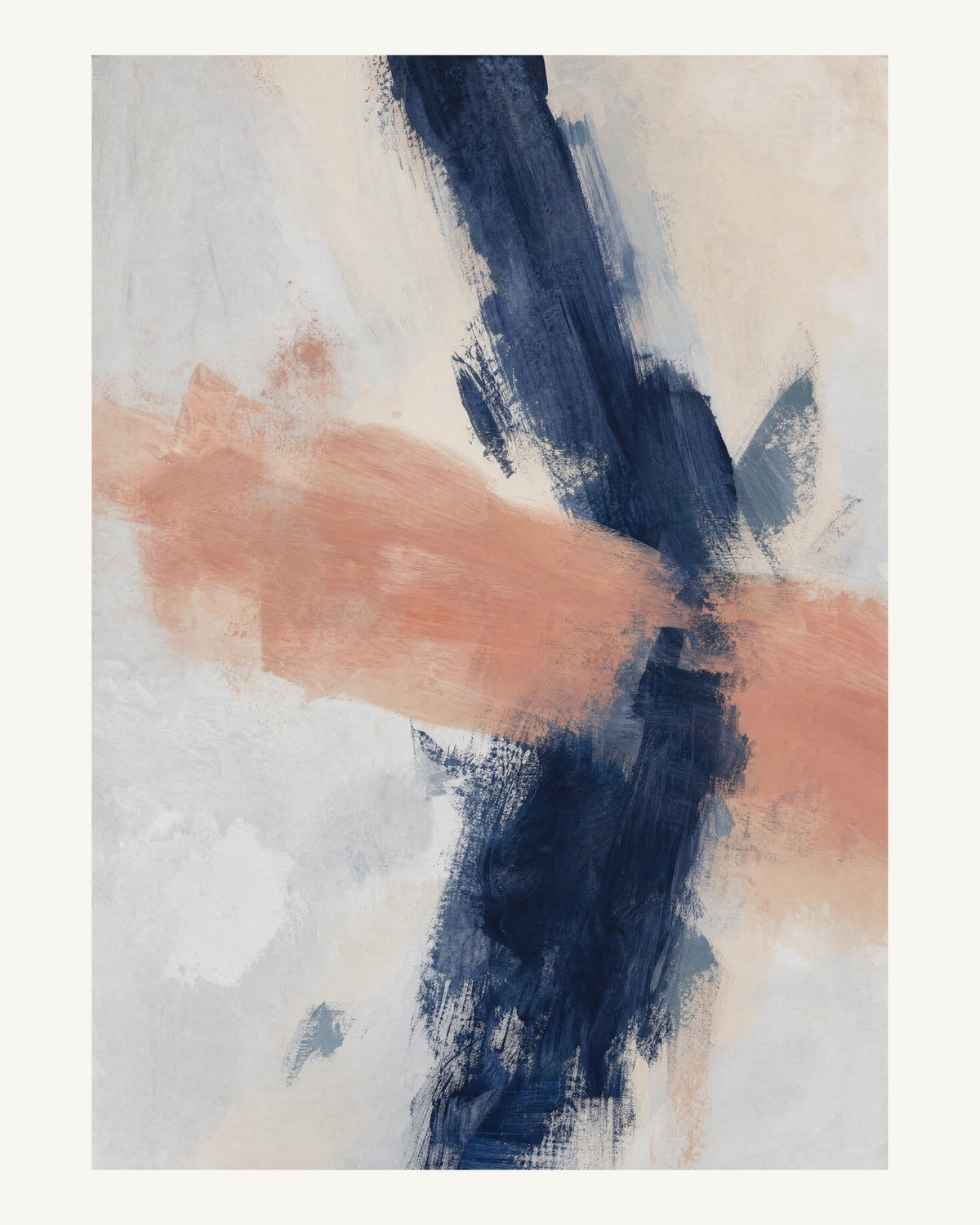 Abstrakt måleriskt motiv i matt vit, benvitt, djup indigo, lerrosa. Två olika penselrörelser möts i en öppen, asymmetrisk komposition med synliga underliggande färglager. 40 × 50 cm.