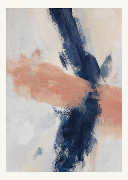 Abstrakt måleriskt motiv i matt vit, benvitt, djup indigo, lerrosa. Två olika penselrörelser möts i en öppen, asymmetrisk komposition med synliga underliggande färglager. 50 × 70 cm.