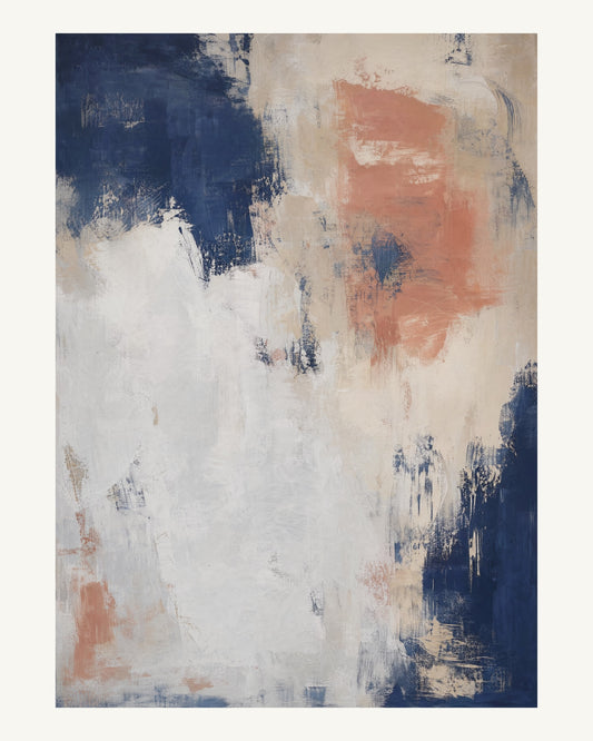 Abstrakt måleriskt motiv i matt vit, benvitt, djup indigo, lerrosa. Ett fylligt, oregelbundet färgfält får tyngd av skrapade lager och bryts av ljusare öppningar. 40 × 50 cm.