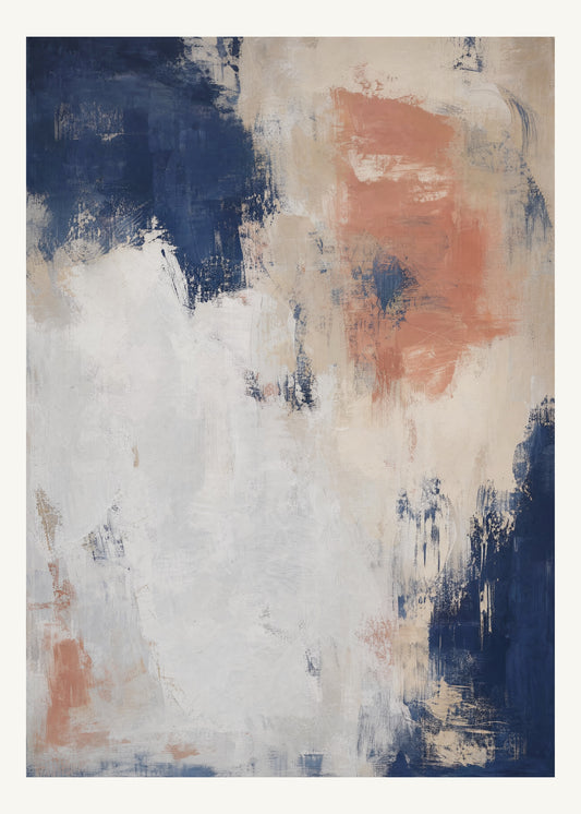 Abstrakt måleriskt motiv i matt vit, benvitt, djup indigo, lerrosa. Ett fylligt, oregelbundet färgfält får tyngd av skrapade lager och bryts av ljusare öppningar. 50 × 70 cm.