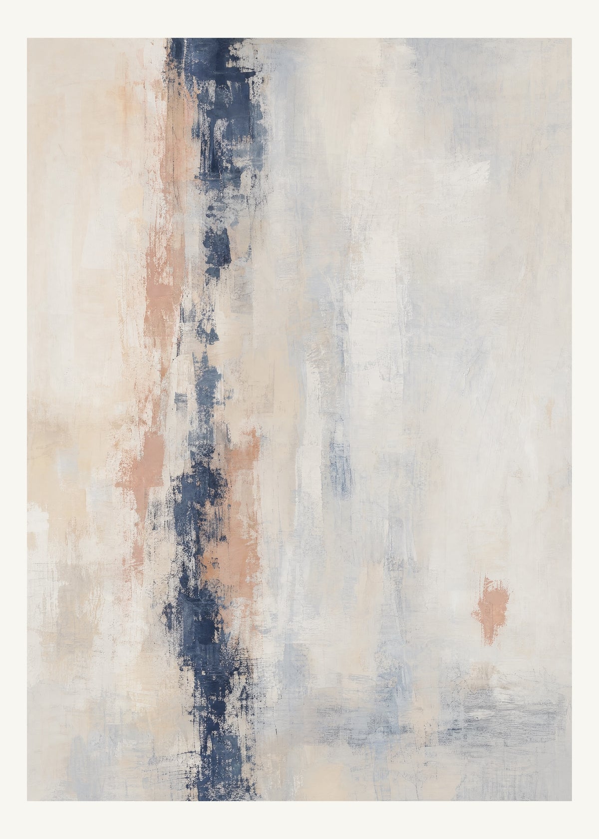 Abstrakt måleriskt motiv i matt vit, benvitt, djup indigo, lerrosa. Ett brutet lodrätt färgstråk möter tunna utsuddade slöjor och en liten förskjuten accent. 50 × 70 cm.