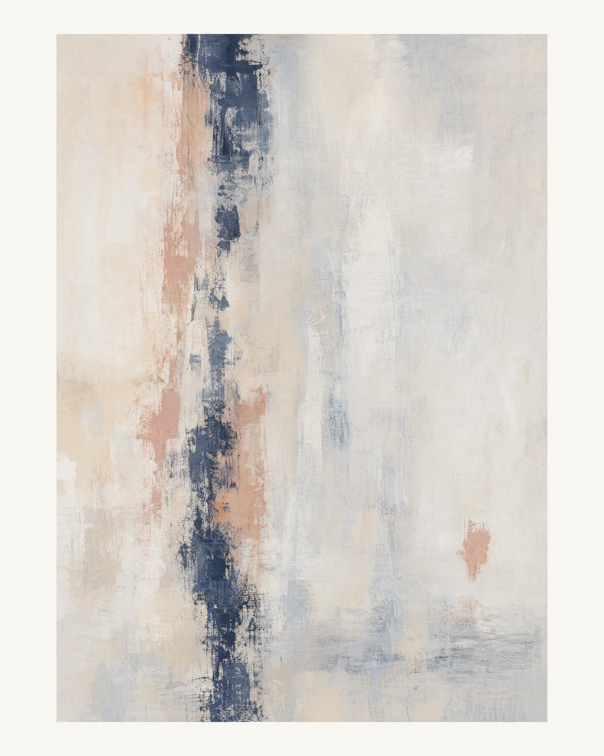 Abstrakt måleriskt motiv i matt vit, benvitt, djup indigo, lerrosa. Ett brutet lodrätt färgstråk möter tunna utsuddade slöjor och en liten förskjuten accent. 40 × 50 cm.