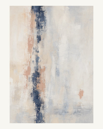 Abstrakt måleriskt motiv i matt vit, benvitt, djup indigo, lerrosa. Ett brutet lodrätt färgstråk möter tunna utsuddade slöjor och en liten förskjuten accent. 40 × 50 cm.