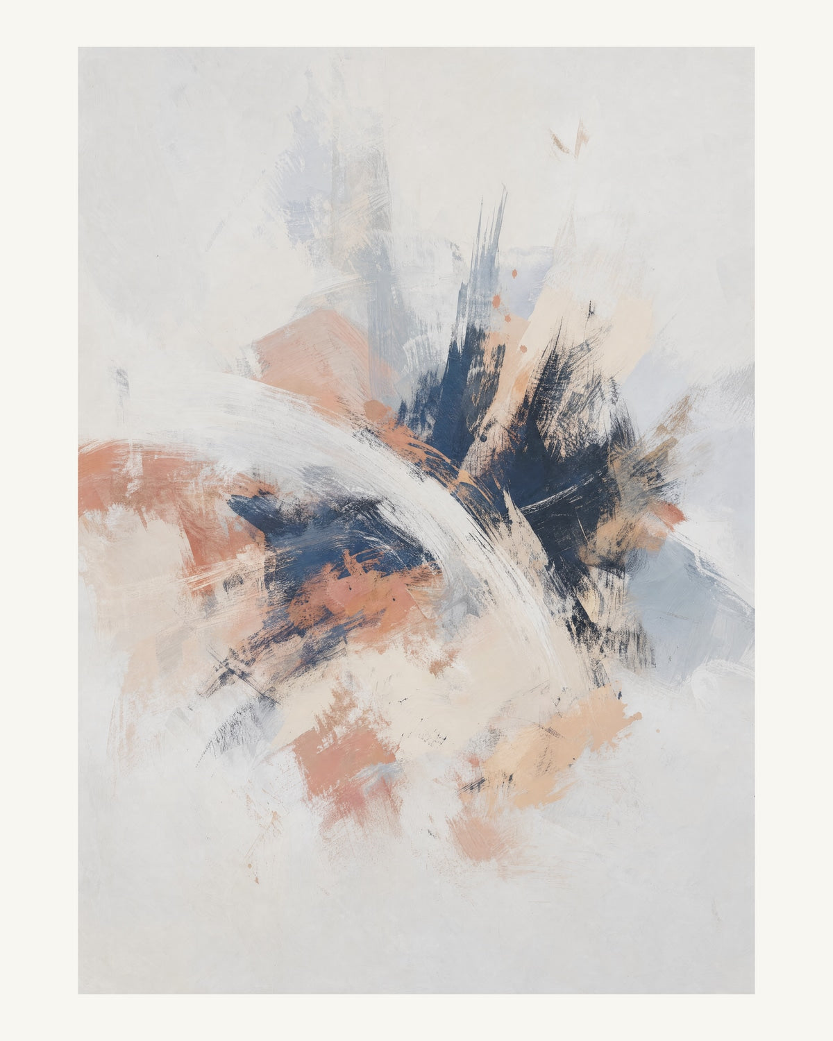 Abstrakt måleriskt motiv i matt vit, benvitt, djup indigo, lerrosa. Korta, torra penseldrag möter en bredare rörelse i en färgrik mittpunkt med luft runt omkring. 40 × 50 cm.