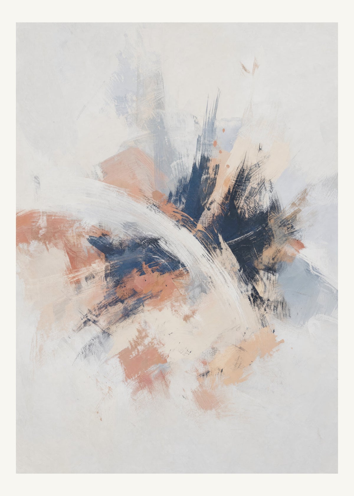 Abstrakt måleriskt motiv i matt vit, benvitt, djup indigo, lerrosa. Korta, torra penseldrag möter en bredare rörelse i en färgrik mittpunkt med luft runt omkring. 50 × 70 cm.