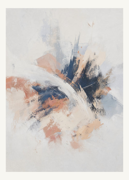 Abstrakt måleriskt motiv i matt vit, benvitt, djup indigo, lerrosa. Korta, torra penseldrag möter en bredare rörelse i en färgrik mittpunkt med luft runt omkring. 50 × 70 cm.