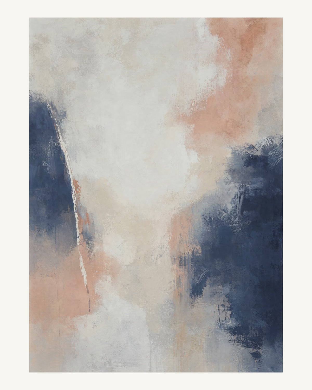Abstrakt måleriskt motiv i matt vit, benvitt, djup indigo, lerrosa. Mjuka färgfält löser upp sig kring ett ljust mellanrum, med diskreta skrapningar som ger ytan liv. 40 × 50 cm.