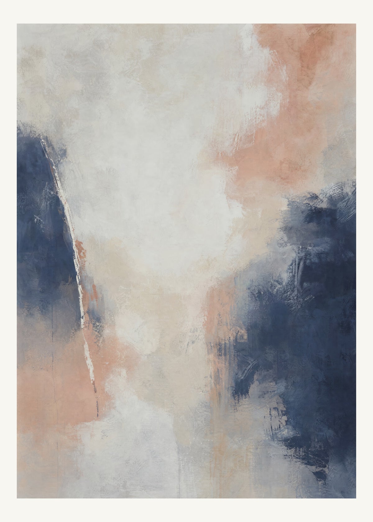 Abstrakt måleriskt motiv i matt vit, benvitt, djup indigo, lerrosa. Mjuka färgfält löser upp sig kring ett ljust mellanrum, med diskreta skrapningar som ger ytan liv. 50 × 70 cm.