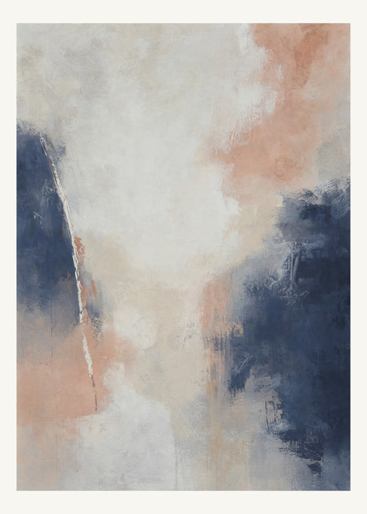 Abstrakt måleriskt motiv i matt vit, benvitt, djup indigo, lerrosa. Mjuka färgfält löser upp sig kring ett ljust mellanrum, med diskreta skrapningar som ger ytan liv. 50 × 70 cm.