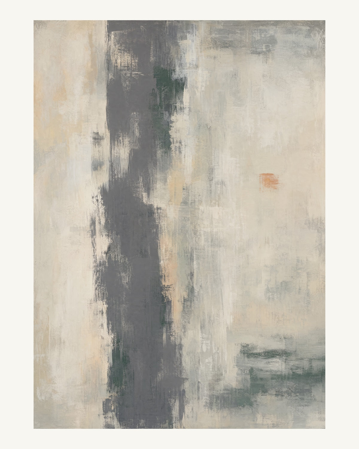 Abstrakt måleriskt motiv i mörkgrå, ljus kalk, skogsskugga, aprikos. Ett brutet lodrätt färgstråk möter tunna utsuddade slöjor och en liten förskjuten accent. 40 × 50 cm.