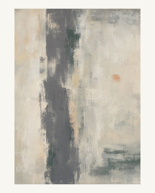 Abstrakt måleriskt motiv i mörkgrå, ljus kalk, skogsskugga, aprikos. Ett brutet lodrätt färgstråk möter tunna utsuddade slöjor och en liten förskjuten accent. 40 × 50 cm.