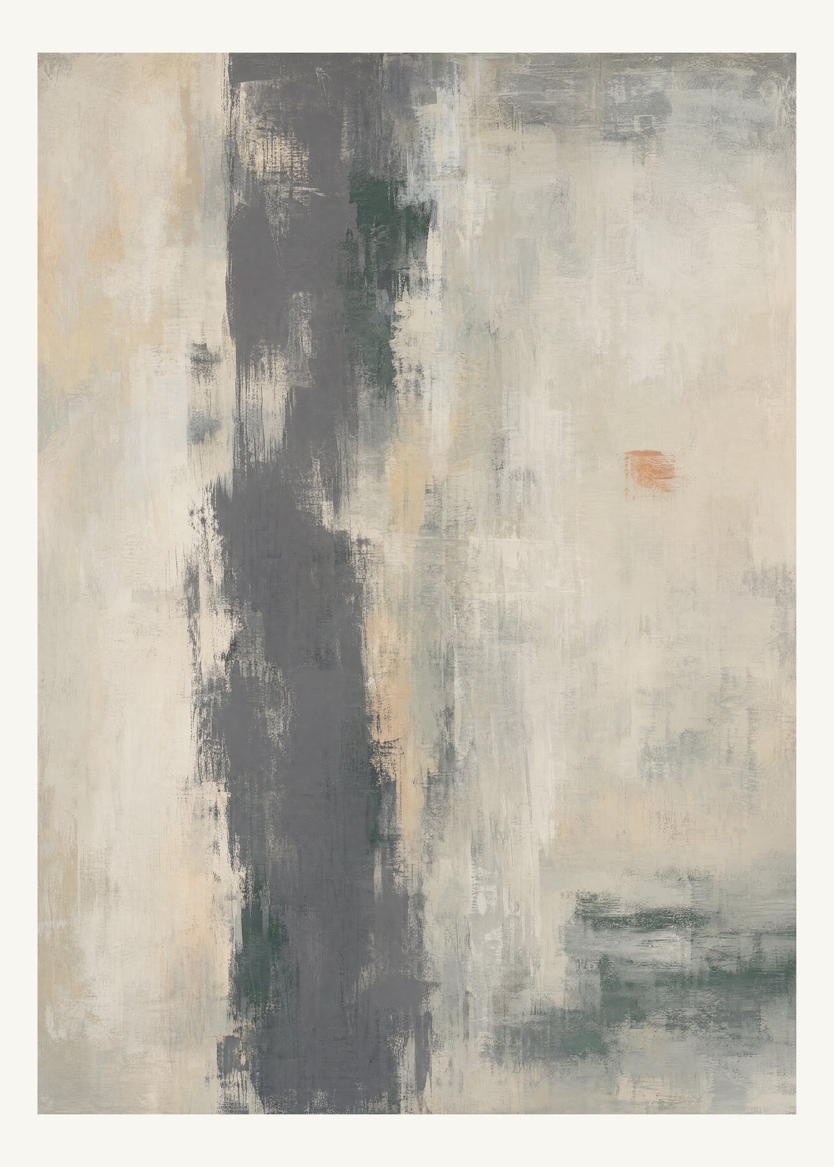 Abstrakt måleriskt motiv i mörkgrå, ljus kalk, skogsskugga, aprikos. Ett brutet lodrätt färgstråk möter tunna utsuddade slöjor och en liten förskjuten accent. 50 × 70 cm.