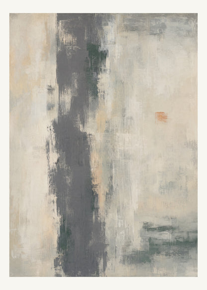 Abstrakt måleriskt motiv i mörkgrå, ljus kalk, skogsskugga, aprikos. Ett brutet lodrätt färgstråk möter tunna utsuddade slöjor och en liten förskjuten accent. 50 × 70 cm.