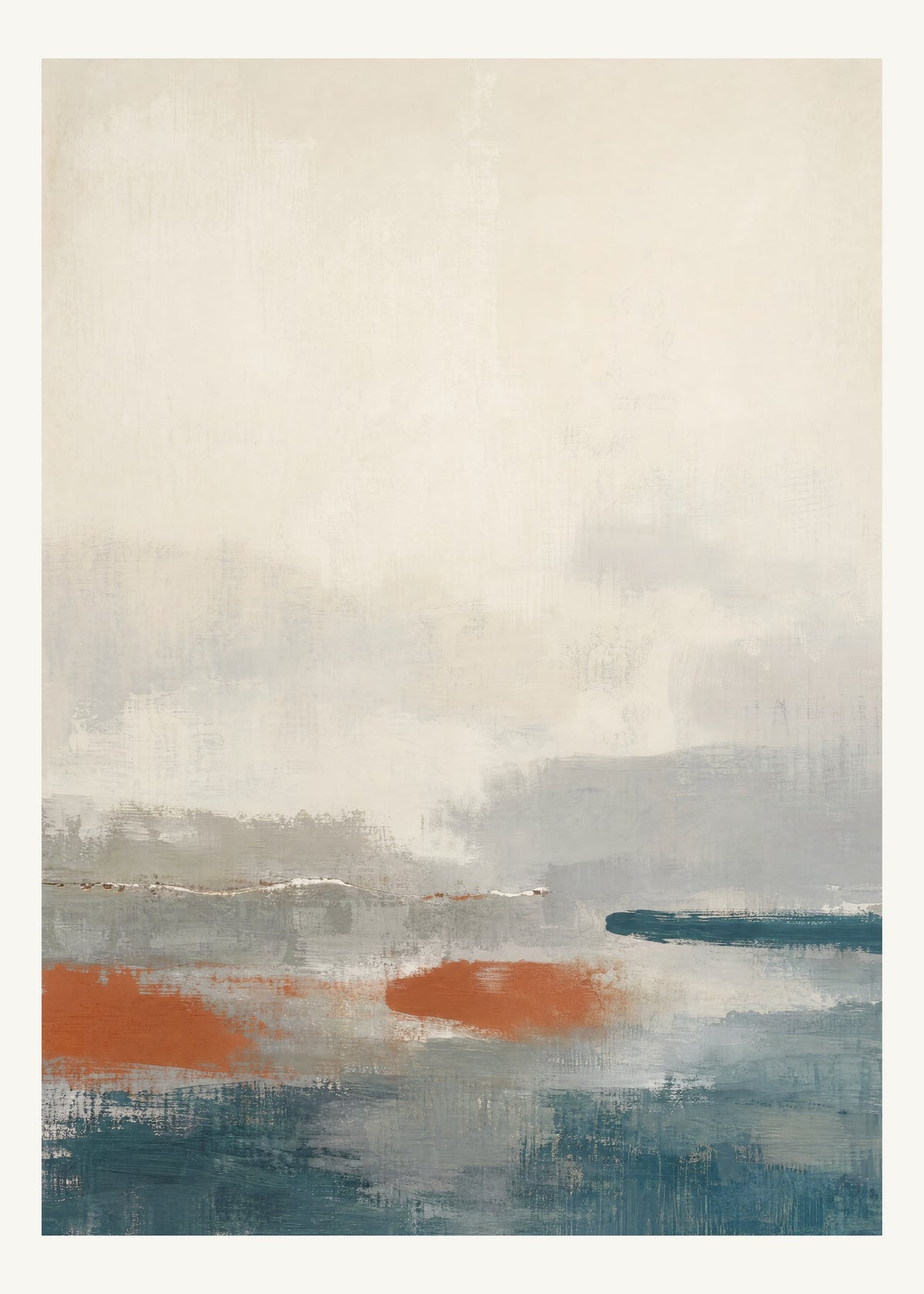 Abstrakt måleriskt motiv i rostfritt stål, pappersvitt, petroleum, bränd terrakotta. Breda, ojämna färglager möts kring en avbruten horisont och lämnar gott om ljus luft. 50 × 70 cm.