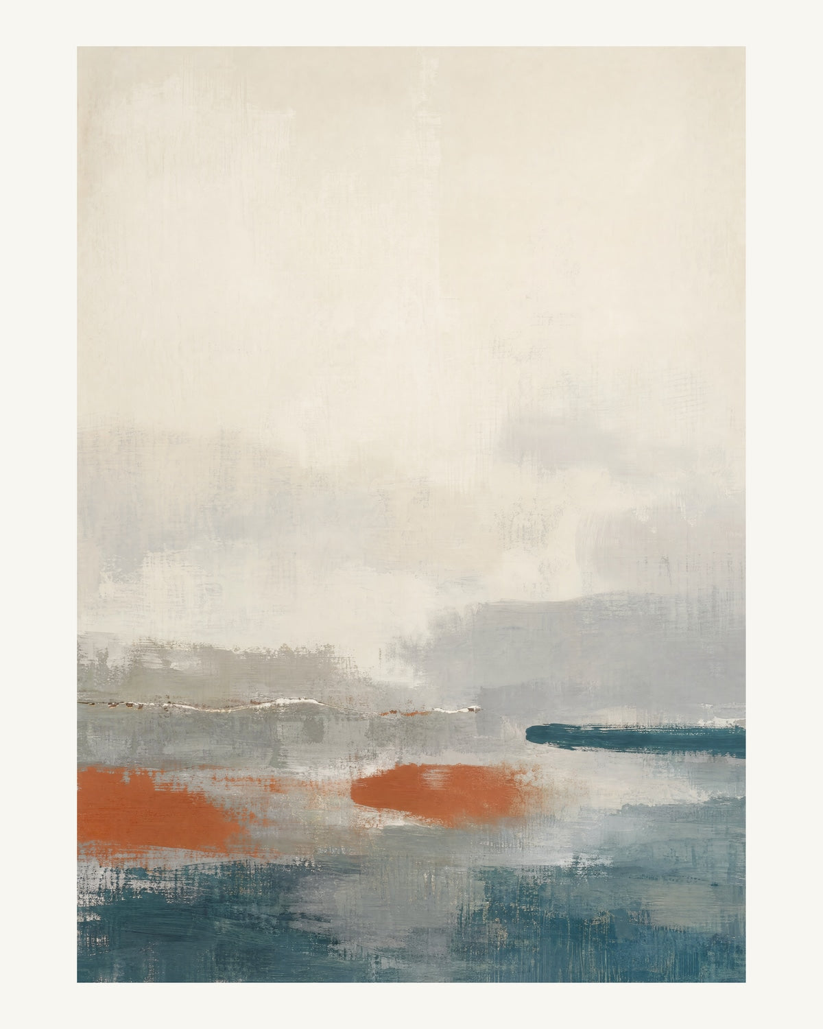Abstrakt måleriskt motiv i rostfritt stål, pappersvitt, petroleum, bränd terrakotta. Breda, ojämna färglager möts kring en avbruten horisont och lämnar gott om ljus luft. 40 × 50 cm.