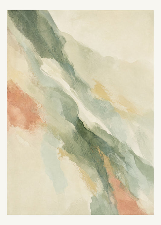 Abstrakt måleriskt motiv i dämpad skogsgrön, ljus varm kräm, rosa terrakotta, blek blågrön. Tunna färgslöjor glider diagonalt över ljusa partier, med ett tätare färgavtryck som motvikt. 50 × 70 cm.