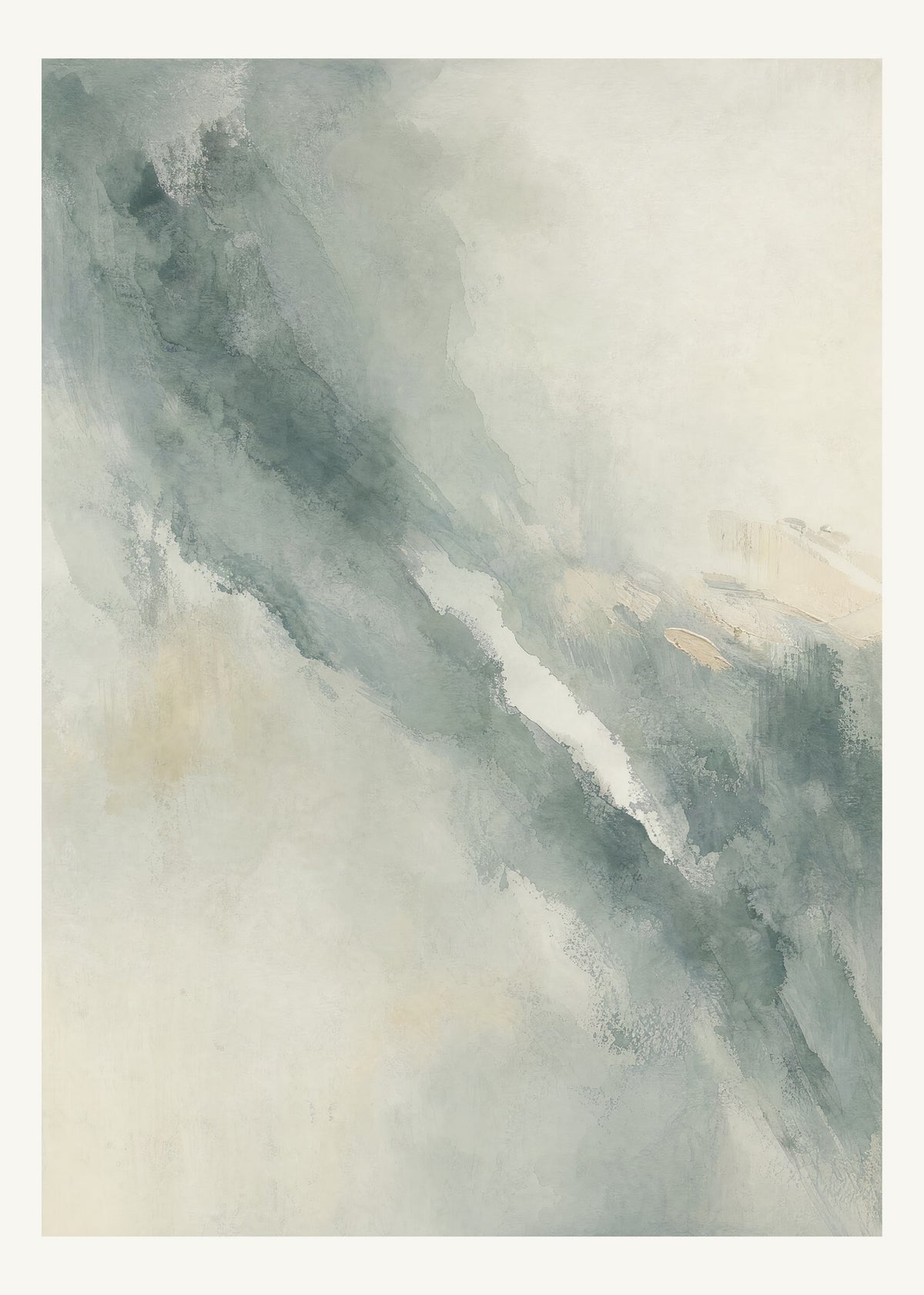 Abstrakt måleriskt motiv i mellanmörk grågrön, blek grönvit, ljus varmt gulgrå. Tunna färgslöjor glider diagonalt över ljusa partier, med ett tätare färgavtryck som motvikt. 50 × 70 cm.