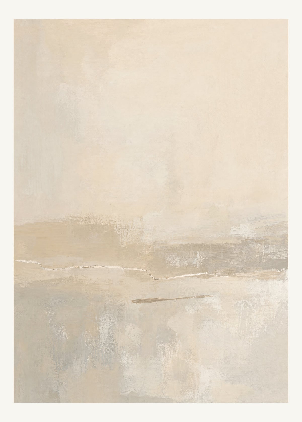 Abstrakt måleriskt motiv i ljus sandbeige, mjuk gråbeige, ljus linne. Breda, ojämna färglager möts kring en avbruten horisont och lämnar gott om ljus luft. 50 × 70 cm.