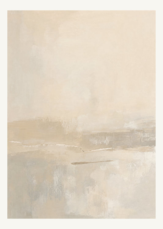 Abstrakt måleriskt motiv i ljus sandbeige, mjuk gråbeige, ljus linne. Breda, ojämna färglager möts kring en avbruten horisont och lämnar gott om ljus luft. 50 × 70 cm.