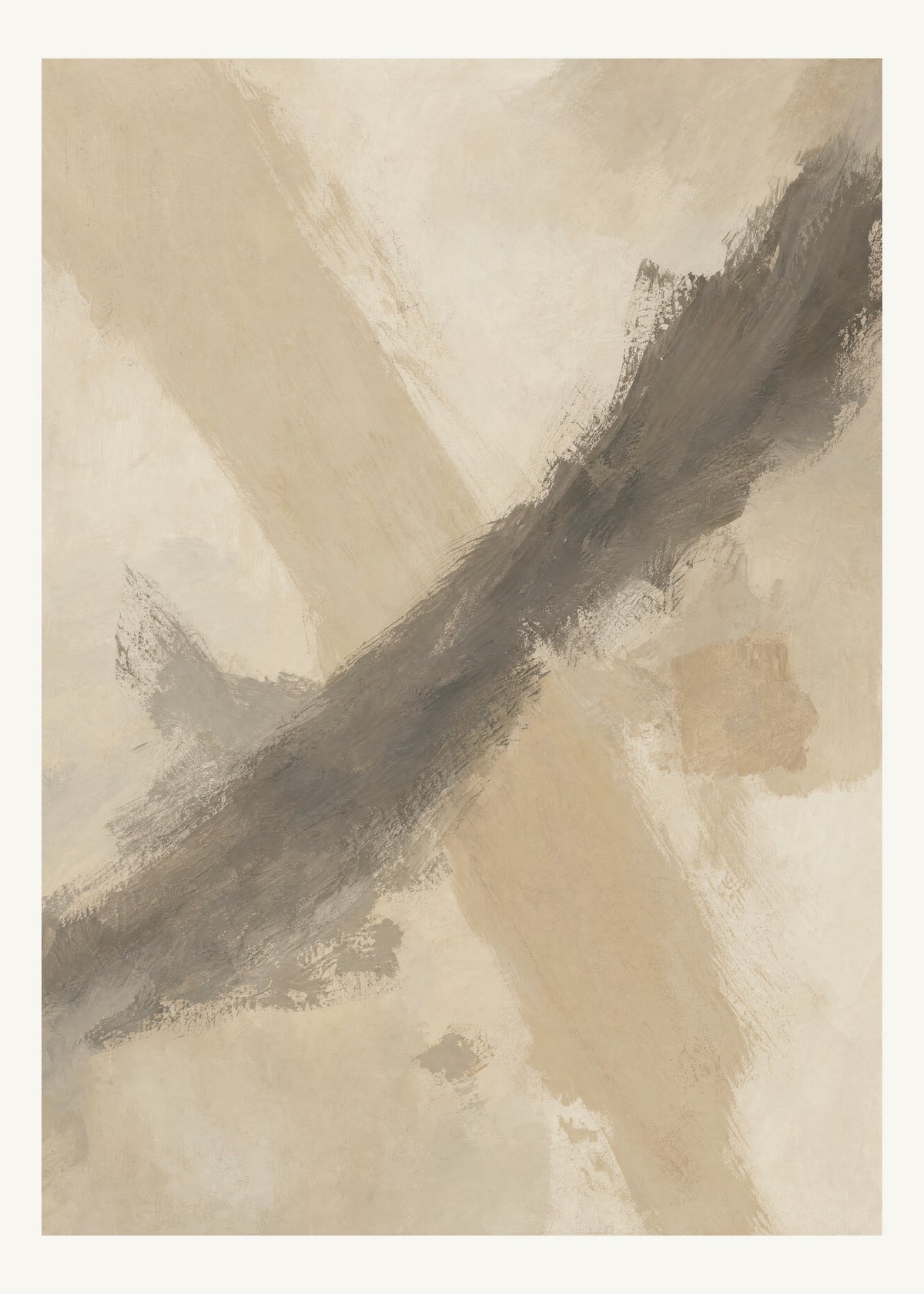 Abstrakt måleriskt motiv i ljus sandbeige, mjuk gråbeige, ljus linne. Två olika penselrörelser möts i en öppen, asymmetrisk komposition med synliga underliggande färglager. 50 × 70 cm.