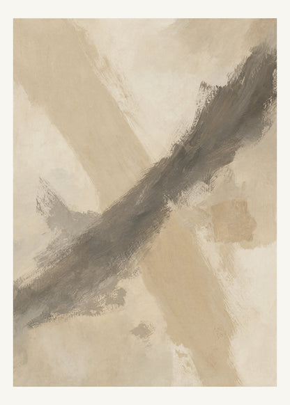 Abstrakt måleriskt motiv i ljus sandbeige, mjuk gråbeige, ljus linne. Två olika penselrörelser möts i en öppen, asymmetrisk komposition med synliga underliggande färglager. 50 × 70 cm.