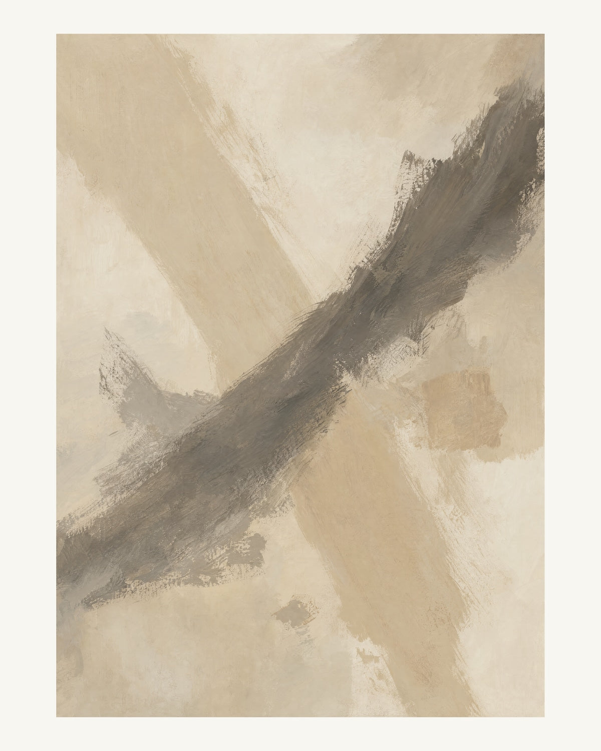 Abstrakt måleriskt motiv i ljus sandbeige, mjuk gråbeige, ljus linne. Två olika penselrörelser möts i en öppen, asymmetrisk komposition med synliga underliggande färglager. 40 × 50 cm.
