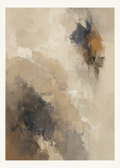 Abstrakt måleriskt motiv i ljus sandbeige, mjuk gråbeige, ljus linne. Ett fylligt, oregelbundet färgfält får tyngd av skrapade lager och bryts av ljusare öppningar. 50 × 70 cm.