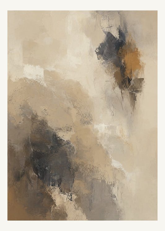 Abstrakt måleriskt motiv i ljus sandbeige, mjuk gråbeige, ljus linne. Ett fylligt, oregelbundet färgfält får tyngd av skrapade lager och bryts av ljusare öppningar. 50 × 70 cm.