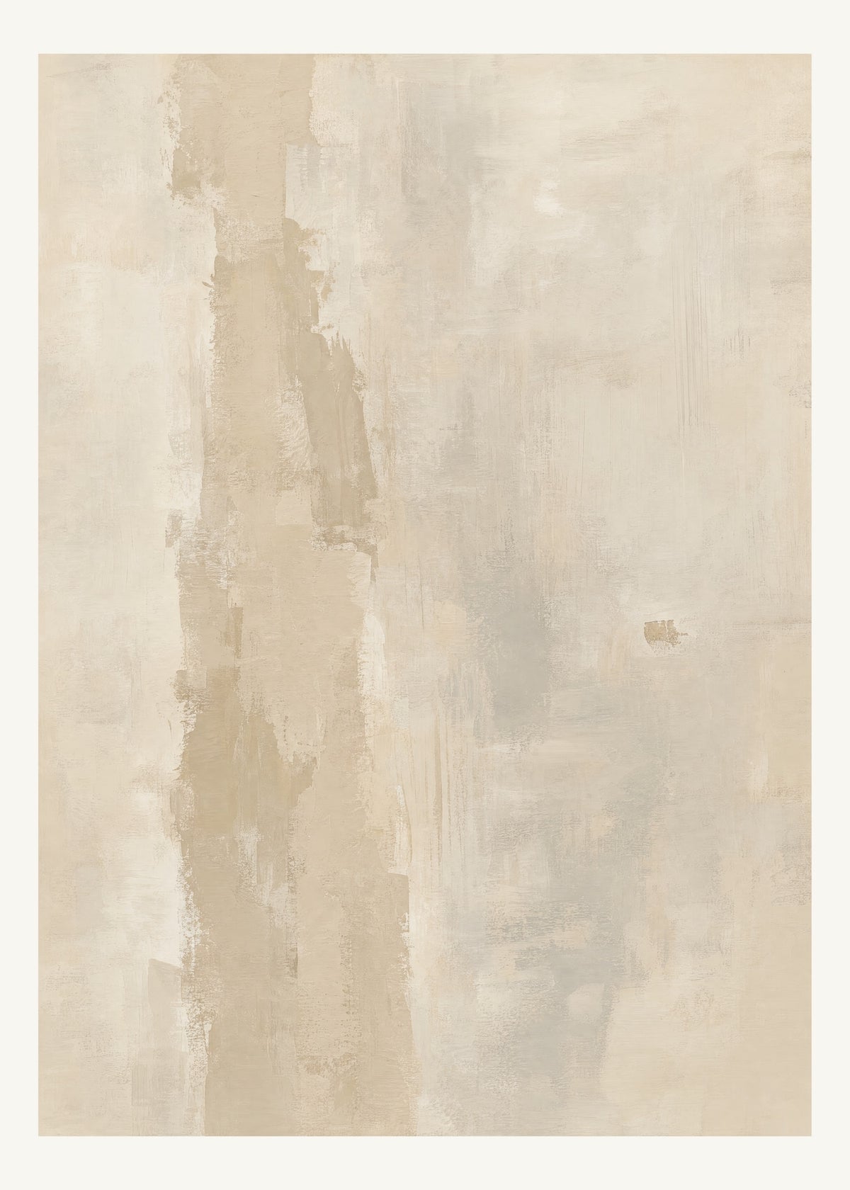 Abstrakt måleriskt motiv i ljus sandbeige, mjuk gråbeige, ljus linne. Ett brutet lodrätt färgstråk möter tunna utsuddade slöjor och en liten förskjuten accent. 50 × 70 cm.