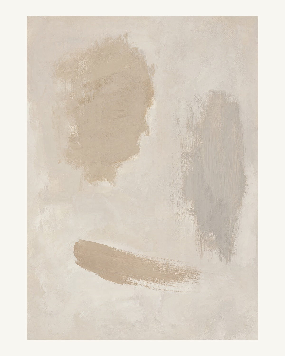 Abstrakt måleriskt motiv i ljus sandbeige, mjuk gråbeige, ljus linne. Fristående färgavtryck i olika storlek lämnar generösa mellanrum och låter papprets ljusa yta bära bilden. 40 × 50 cm.