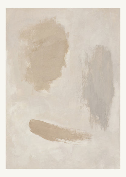 Abstrakt måleriskt motiv i ljus sandbeige, mjuk gråbeige, ljus linne. Fristående färgavtryck i olika storlek lämnar generösa mellanrum och låter papprets ljusa yta bära bilden. 50 × 70 cm.