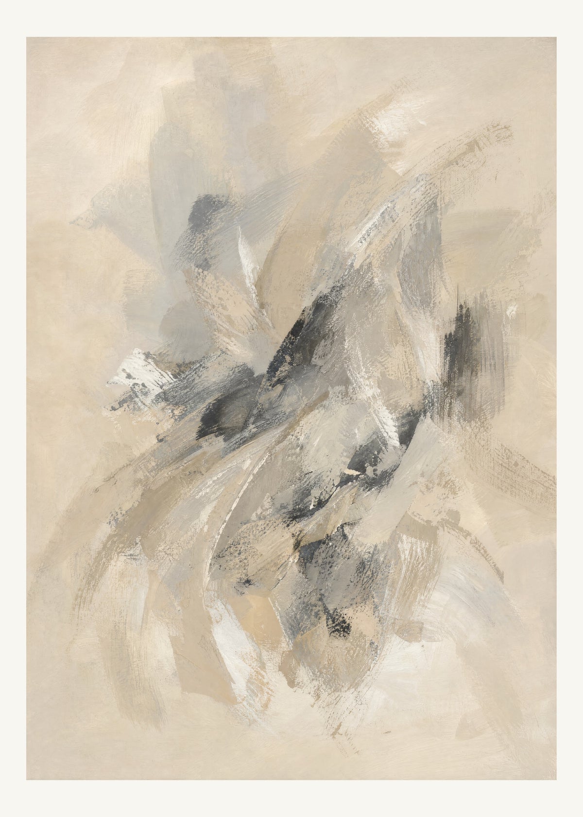 Abstrakt måleriskt motiv i ljus sandbeige, mjuk gråbeige, ljus linne. Korta, torra penseldrag möter en bredare rörelse i en färgrik mittpunkt med luft runt omkring. 50 × 70 cm.