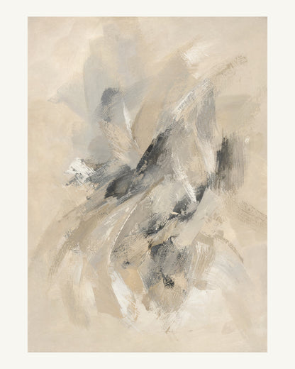 Abstrakt måleriskt motiv i ljus sandbeige, mjuk gråbeige, ljus linne. Korta, torra penseldrag möter en bredare rörelse i en färgrik mittpunkt med luft runt omkring. 40 × 50 cm.
