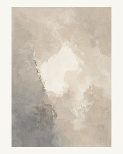 Abstrakt måleriskt motiv i ljus sandbeige, mjuk gråbeige, ljus linne. Mjuka färgfält löser upp sig kring ett ljust mellanrum, med diskreta skrapningar som ger ytan liv. 40 × 50 cm.