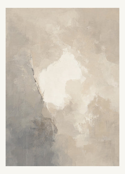 Abstrakt måleriskt motiv i ljus sandbeige, mjuk gråbeige, ljus linne. Mjuka färgfält löser upp sig kring ett ljust mellanrum, med diskreta skrapningar som ger ytan liv. 50 × 70 cm.