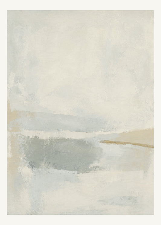 Abstrakt måleriskt motiv i varm benvit, mycket blek gråblå, diskret gulgrå. Breda, ojämna färglager möts kring en avbruten horisont och lämnar gott om ljus luft. 50 × 70 cm.