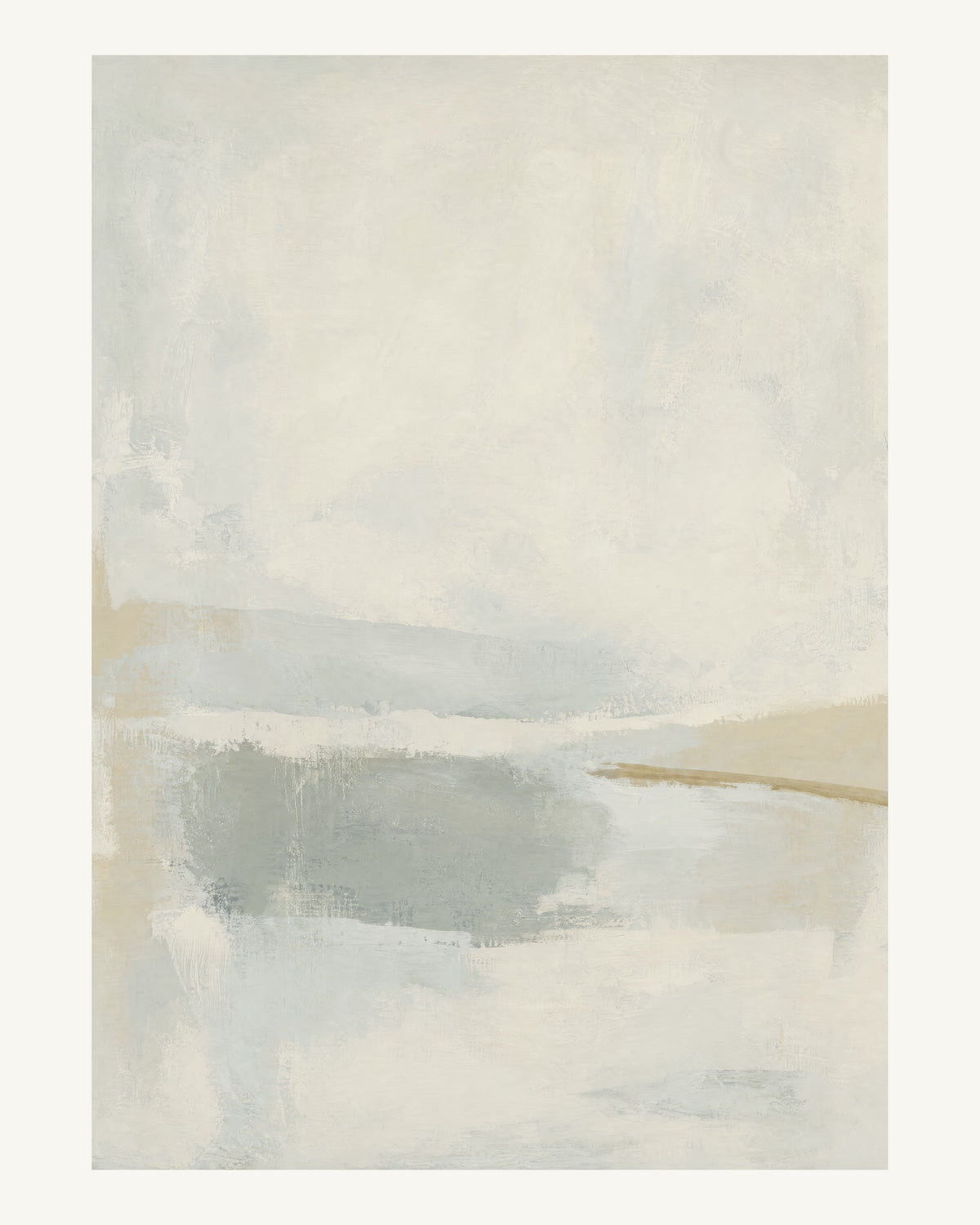 Abstrakt måleriskt motiv i varm benvit, mycket blek gråblå, diskret gulgrå. Breda, ojämna färglager möts kring en avbruten horisont och lämnar gott om ljus luft. 40 × 50 cm.
