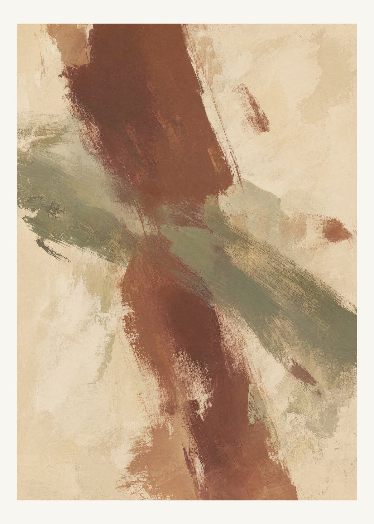 Abstrakt måleriskt motiv i ljus varm beige, dämpad vinrödbrun, brungrön. Två olika penselrörelser möts i en öppen, asymmetrisk komposition med synliga underliggande färglager. 50 × 70 cm.