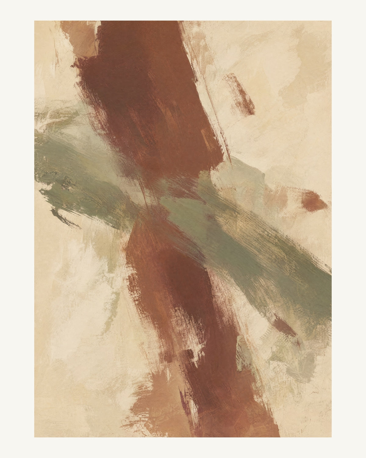 Abstrakt måleriskt motiv i ljus varm beige, dämpad vinrödbrun, brungrön. Två olika penselrörelser möts i en öppen, asymmetrisk komposition med synliga underliggande färglager. 40 × 50 cm.